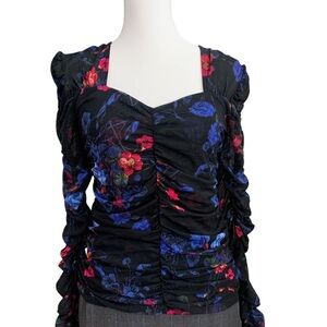 NWT INC International Concepts Mesh floral rouched v neck top size Medium